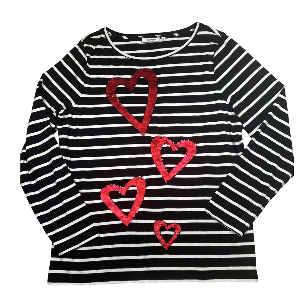 Chico's Black White Striped Sequin Heart Long Sleeve Top Size 2 L Large Cotton